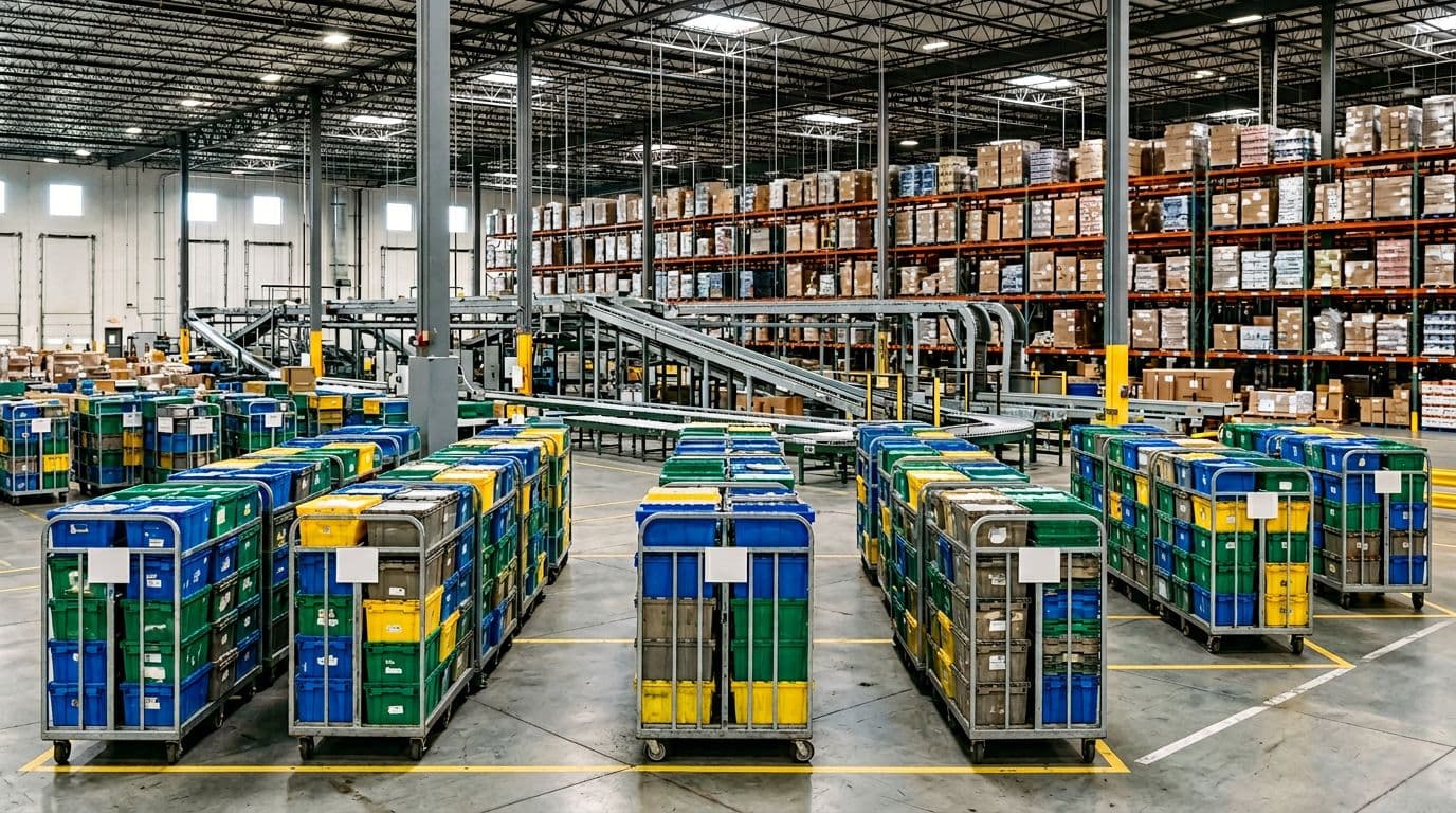 Photorealistic image of a warehouse staging area with multiple totes grouped by waves on carts ready for sorting, shelves and conveyor in the background, organized busy atmosphere with natural overhead lighting, no people.
