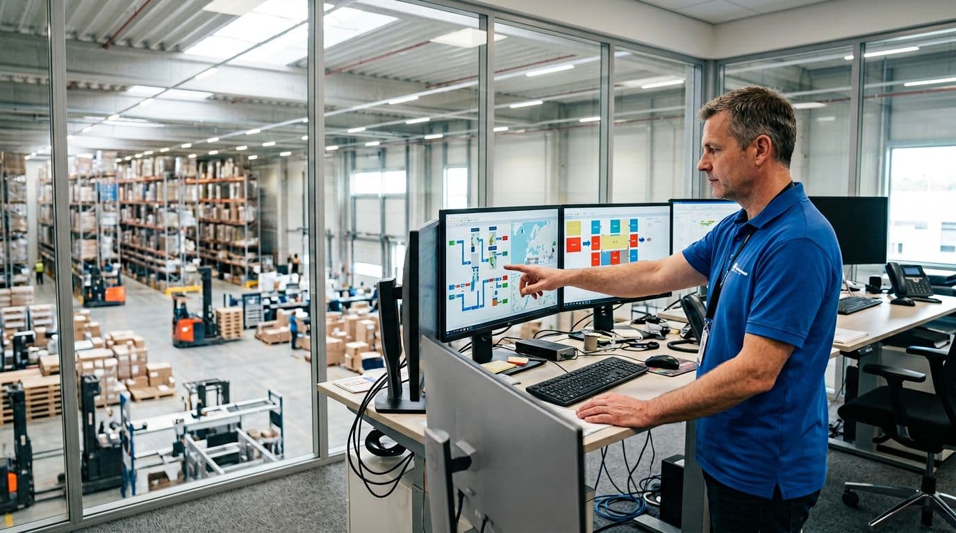 Photorealistic image of a warehouse supervisor thoughtfully pointing at computer screens displaying batch wave zone picking method charts in a modern, brightly lit control room, with the warehouse floor visible through large background windows.