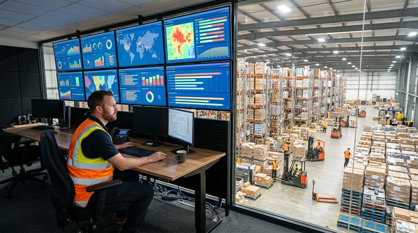 Photorealistic image of a single warehouse supervisor in a safety vest sitting at a desk in a modern control room with large wall-mounted screens displaying colorful real-time dashboards for inventory, orders, and performance metrics, overlooking a busy warehouse floor with racks, pallets, and workers.