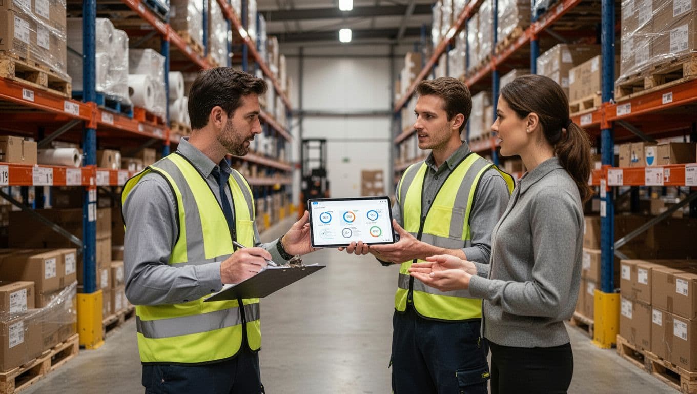 A warehouse supervisor in hi-vis vest holding a clipboard stands with two associates in a modern warehouse aisle, reviewing IMS rollout plan on a shared tablet showing vague dashboard icons, with organized shelves in the background under soft lighting.