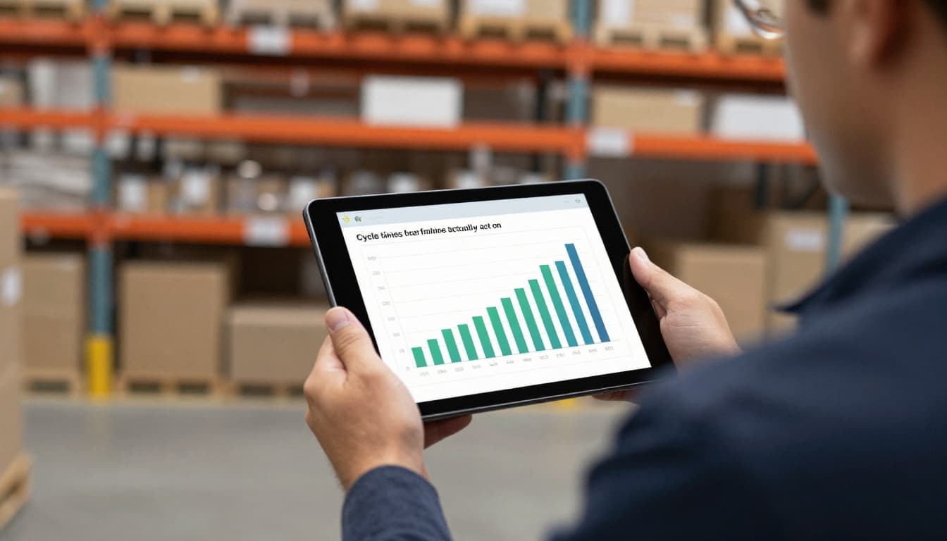 Warehouse supervisor holding a tablet displaying simple KPI charts like bar graphs for cycle times and lines per hour, set against a modern warehouse background with shelves. Realistic photo in natural daylight lighting, focusing on the person and device with a slightly angled and blurred screen; exactly one person with two hands relaxed on the tablet.