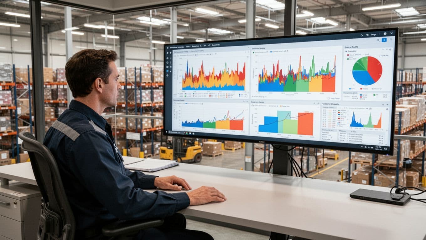Photorealistic image of a warehouse supervisor sitting at a desk in a modern control room overlooking an active warehouse floor, viewing a large monitor with colorful demand forecasting graphs and capacity charts.