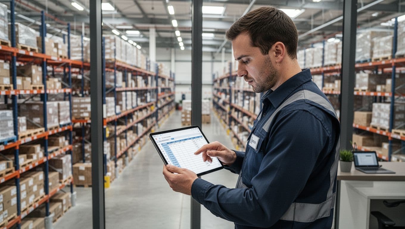 Photorealistic image of a single warehouse supervisor in a modern office overlooking warehouse aisles, focused on planning a cycle count schedule using a tablet under natural daylight.
