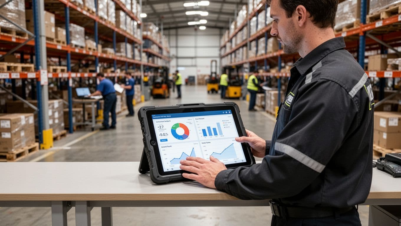 A single warehouse supervisor stands at a desk, relaxed hands on a rugged tablet displaying a simple metrics dashboard, overlooking a busy warehouse floor with shelves and distant workers under bright lighting.