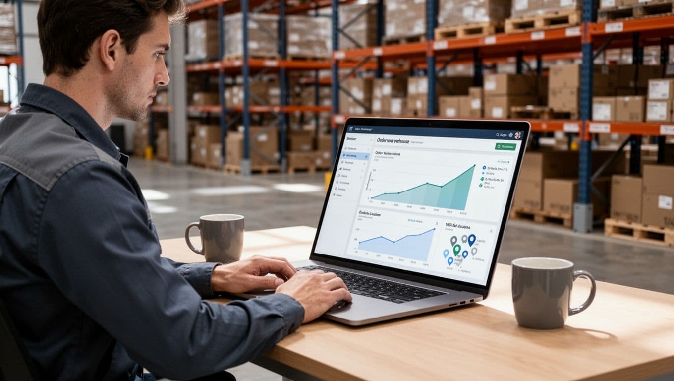 Photorealistic image of a warehouse supervisor at a desk reviewing a multi-warehouse dashboard on a laptop screen, displaying abstract growth charts for order volume and locations, with a coffee mug nearby in a modern warehouse office under natural daylight.