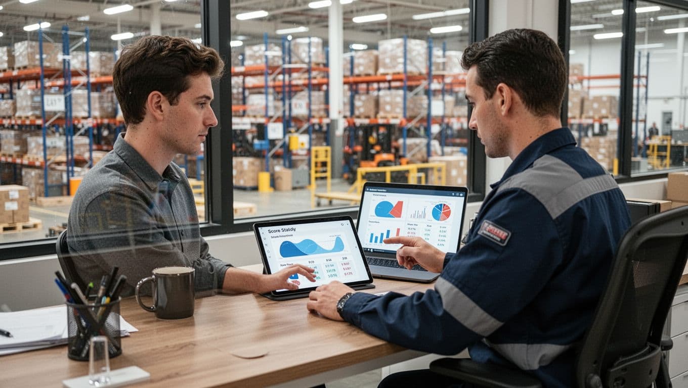 Warehouse supervisor sitting at a desk in a modern warehouse office, reviewing a simple scorecard on a tablet with abstract charts and numbers, coffee mug nearby, window overlooking busy warehouse floor.