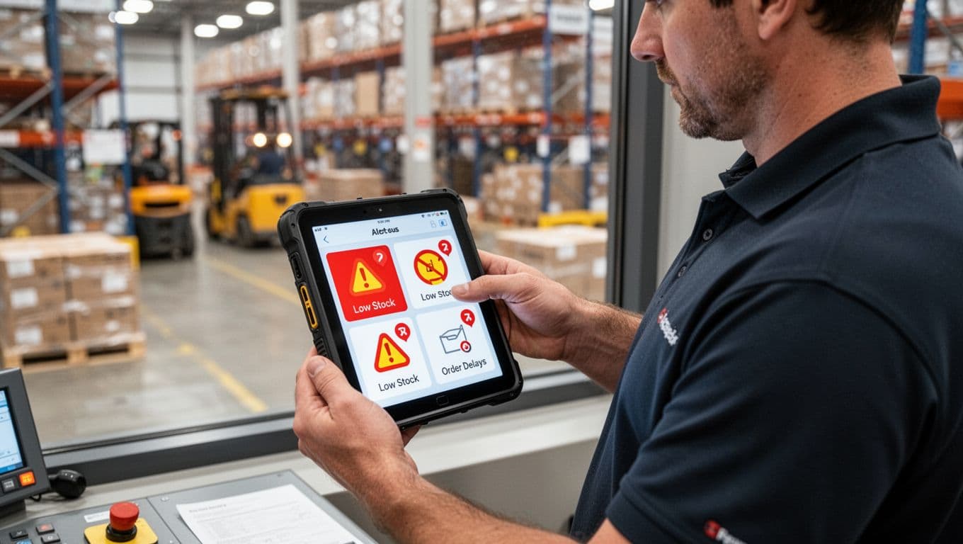A single warehouse supervisor in a polo shirt stands in a control room, holding a rugged mobile tablet showing abstract red and yellow icons for low stock and order delays with notification badges. Background features softly blurred warehouse activity through a large window under realistic indoor lighting.