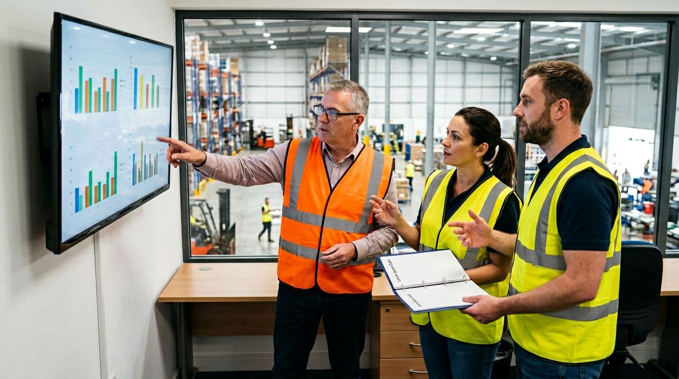 Three warehouse supervisors in high-vis vests gathered around a large monitor displaying simple KPI charts in a brightly lit office overlooking the warehouse floor, discussing a control plan in photorealistic style with natural daylight.