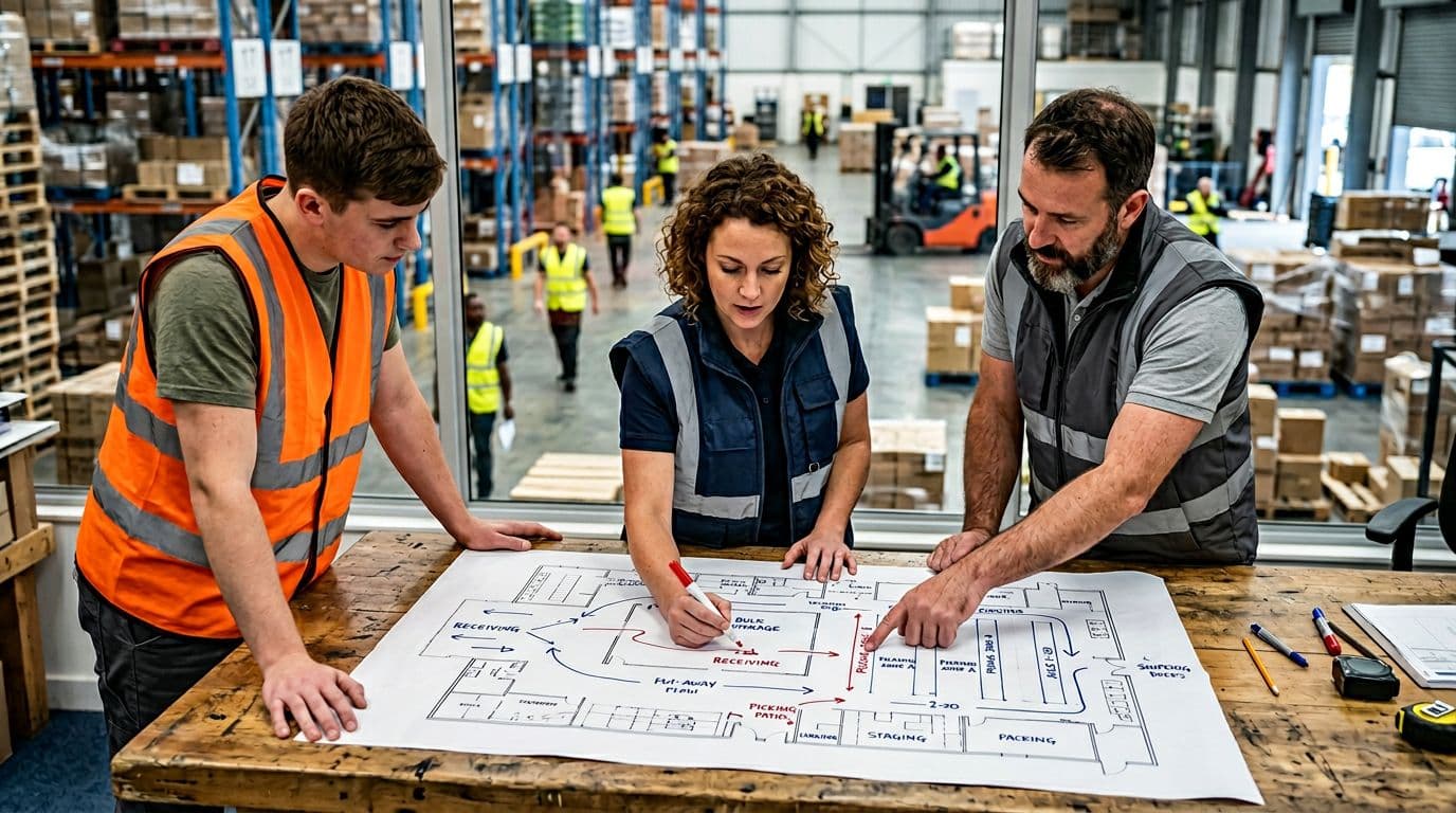 Photorealistic image of three warehouse supervisors mapping workflow paths on a large printed warehouse floor plan laid out on a table in a warehouse office, with hand-sketched arrows and labels for receiving, put-away, picking, and shipping flows; busy warehouse background with pallets and workers.