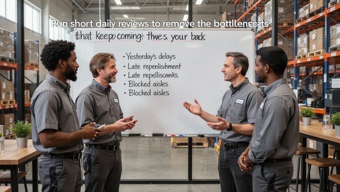 Three warehouse supervisors in a quick morning huddle around a whiteboard reviewing yesterday's delays like late replenishment and blocked aisles in a modern warehouse break area. Realistic photo with natural daylight lighting and relaxed poses.