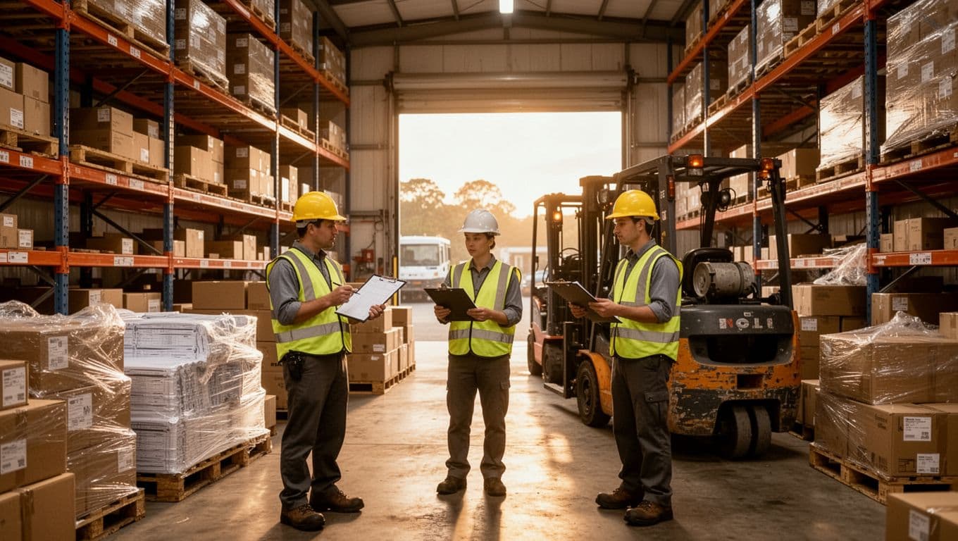 Photorealistic image of a large warehouse with half-empty shelves from supply shortages, delayed pallets at the loading door, and three workers checking inventory clipboards amid piled boxes and forklift.