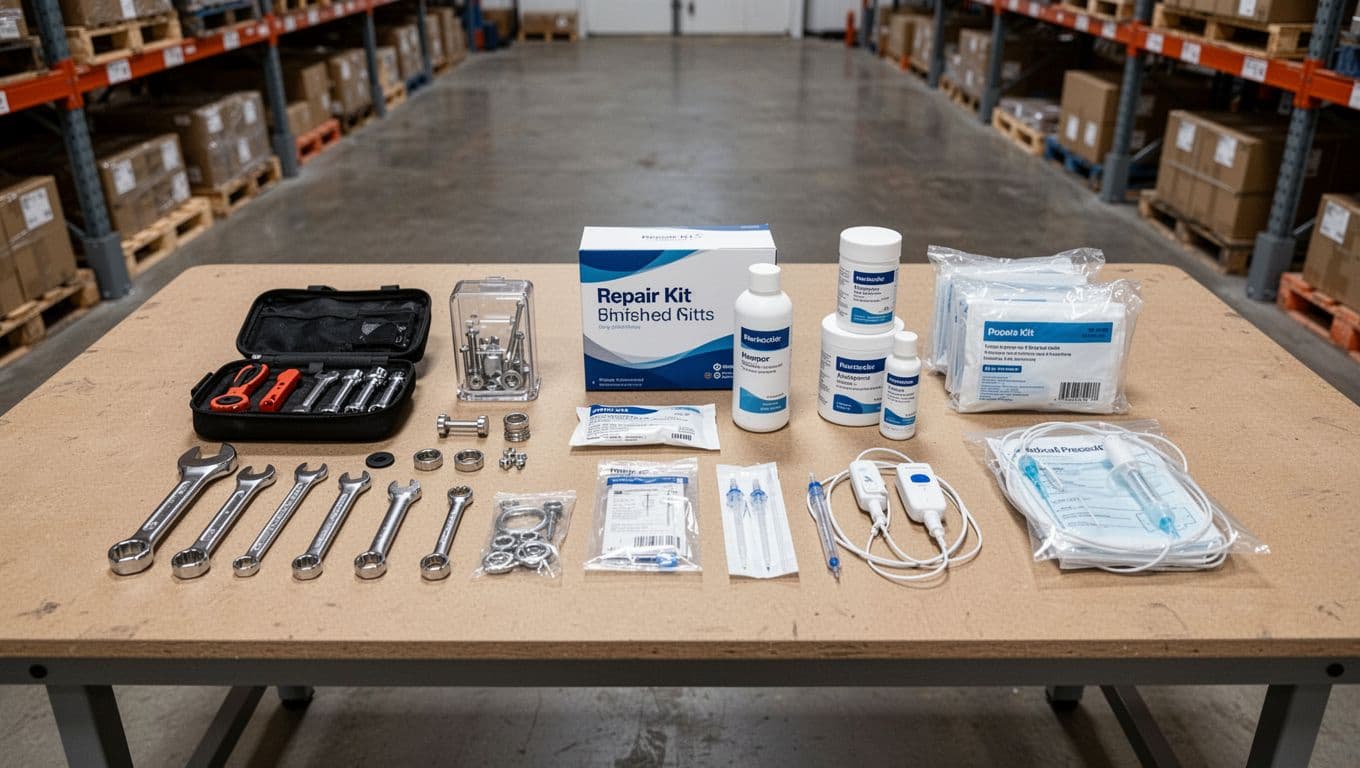 Top-down wide landscape view of a large table in an industrial warehouse displaying examples of finished kits: repair kit with tools, promotional consumer bundle, and neatly arranged medical procedure kit. Photorealistic image with bright even lighting, blurred shelves background, no people, text, labels, logos, or watermarks.