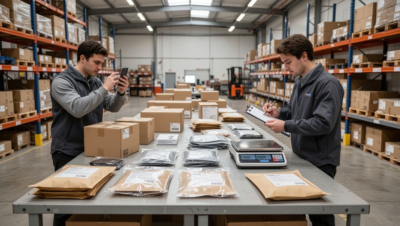 Photorealistic warehouse interior featuring two team members at a large workbench sorting and auditing packaging materials including cardboard boxes, plastic pouches, and paper mailers; one photographs a box with a smartphone, the other weighs items on a digital scale and notes on a clipboard under bright natural lighting.