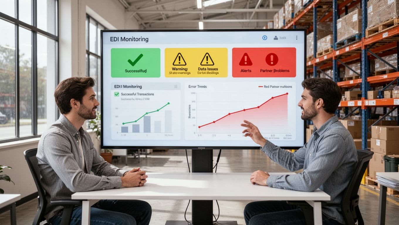 Two warehouse operations team members in a modern office adjacent to the warehouse floor review a large screen dashboard displaying EDI statuses with green checks, yellow warnings, red alerts, and charts showing dropping error trends under bright natural light.