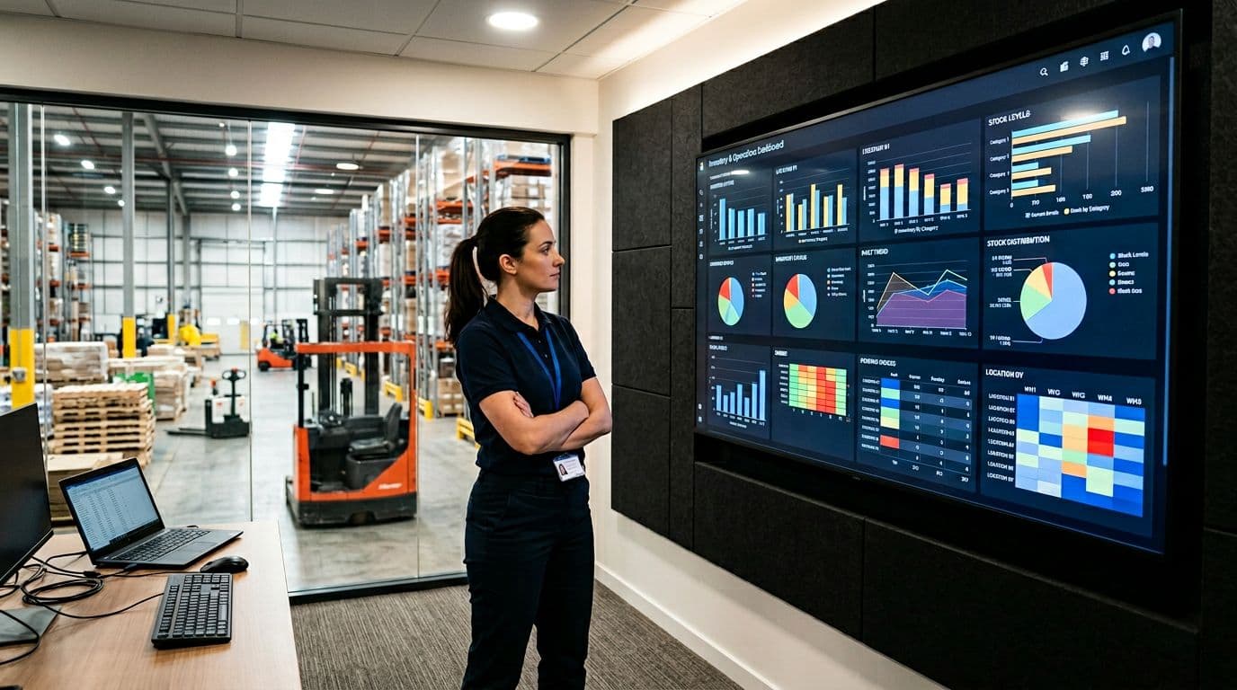 Photorealistic image of a warehouse team lead in a modern control room viewing a large wall-mounted screen with real-time inventory charts for multiple locations. Window shows warehouse floor with shelves and forklifts in background, one person in foreground, soft lighting.
