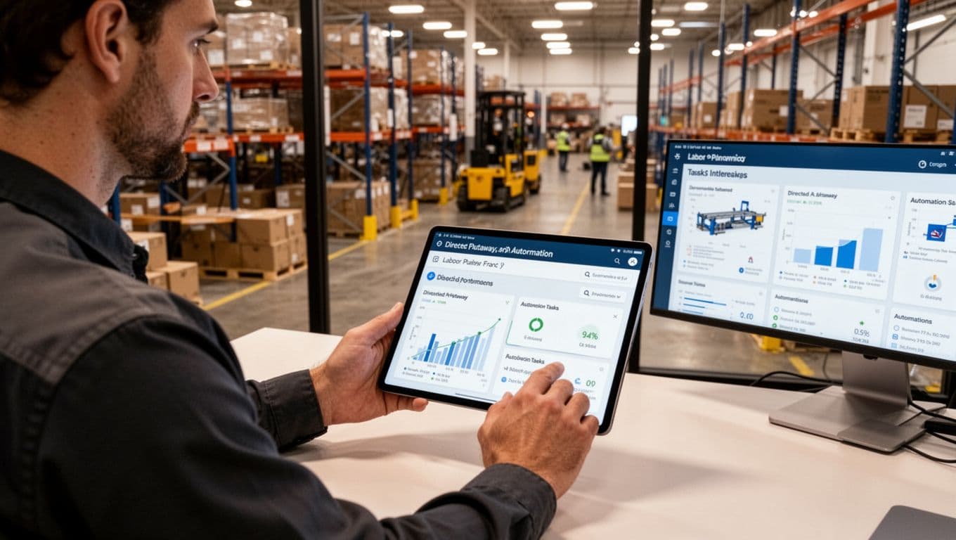 Warehouse team lead in modern office overlooking floor activity, viewing tablet dashboards for labor planning, task interleaving, directed putaway, and automation tasks; photorealistic, warm lighting, landscape.