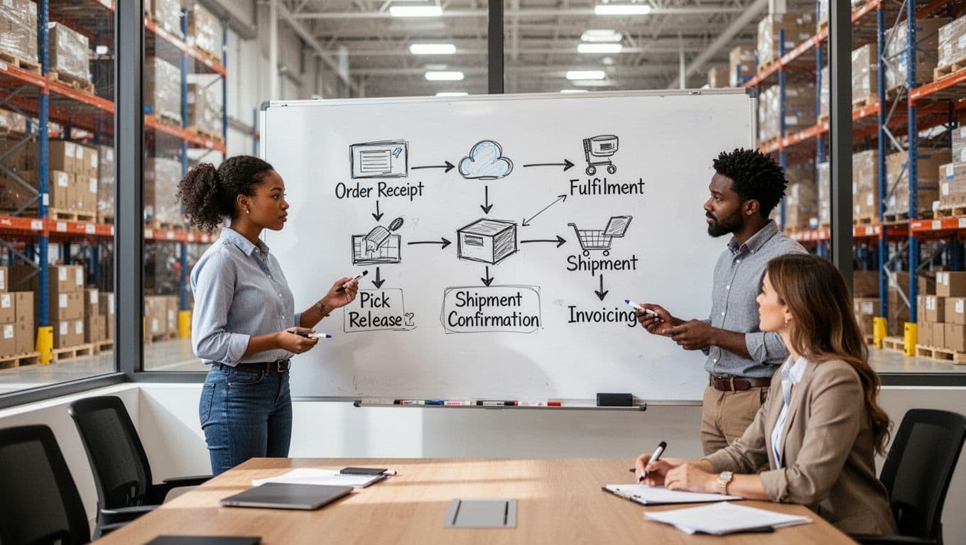 Three diverse warehouse professionals gathered around a whiteboard in a modern conference room next to the warehouse floor, sketching a simple flowchart for processes like order receipt, pick release, fulfillment, shipment confirmation, and invoicing. Bright natural daylight illuminates the realistic photographic scene focused on the group and board.