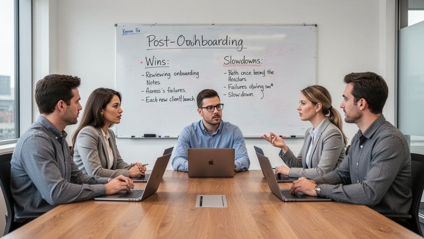A small team of three warehouse professionals in a conference room reviews post-onboarding notes on a whiteboard listing wins, failures, and slowdowns, with laptops on the table, realistic photo with bright lighting and focused discussion.
