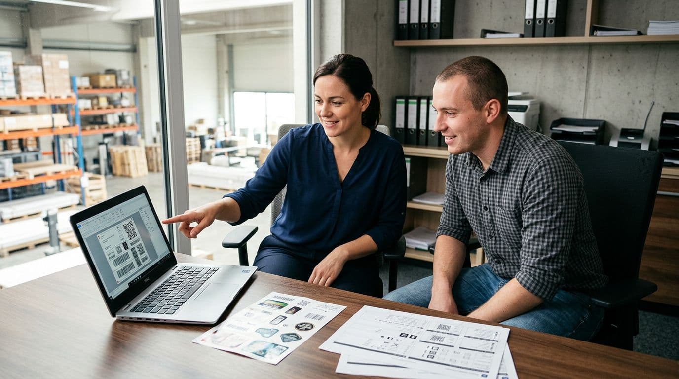 Photorealistic image of two people in a modern warehouse office collaborating on a digital label master file shown on a shared laptop screen, with printed sample labels nearby and natural daylight.