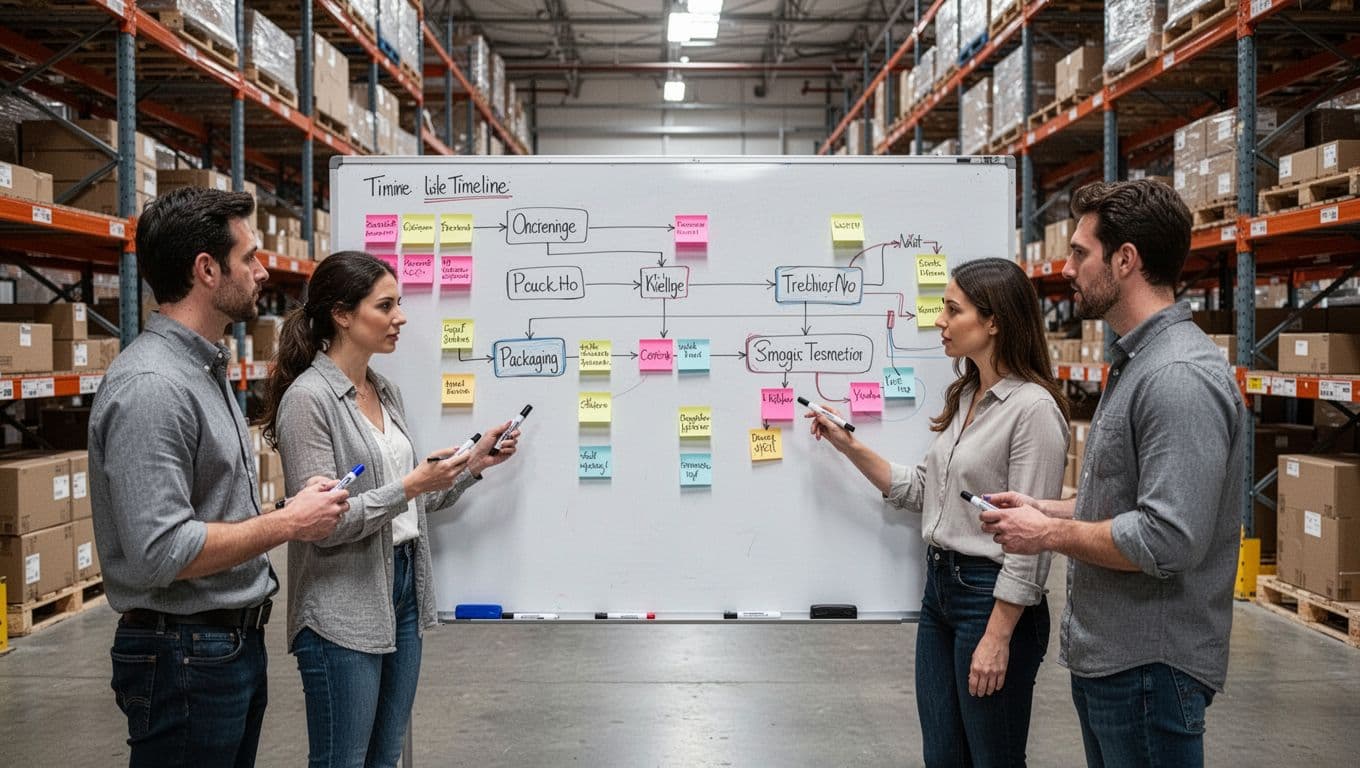 Photorealistic image of exactly four warehouse team members gathered around a large whiteboard, mapping a packaging timeline flowchart with sticky notes and markers in a modern industrial warehouse with shelves in the background, wide composition emphasizing group collaboration under natural overhead lighting.