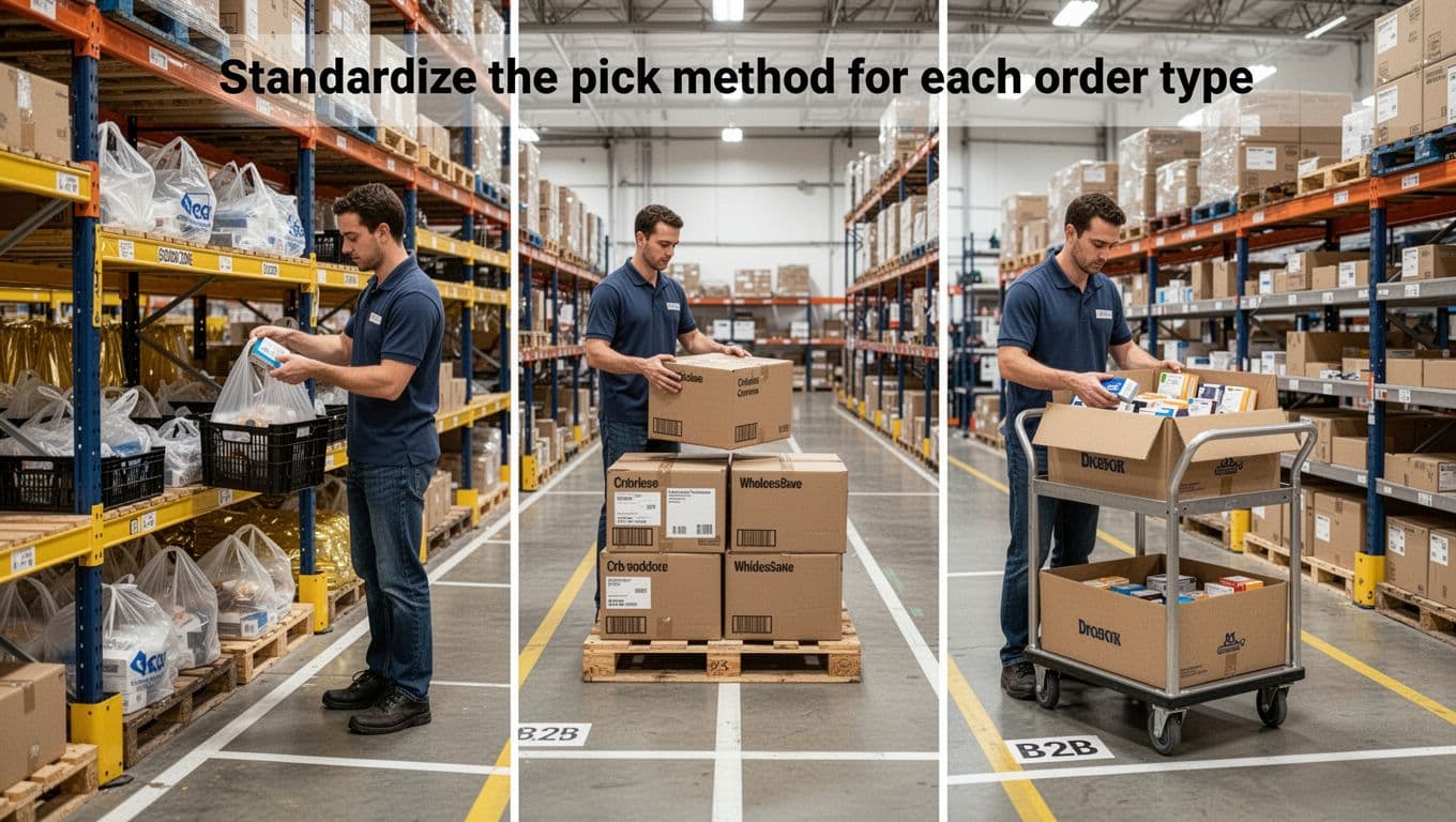 Modern well-lit warehouse scene showing three workers demonstrating distinct pick methods: left picking single eCommerce item into polybag tote from golden zone shelf, center lifting wholesale carton from pallet rack, right assembling multi-item B2B order into divided carton on cart.