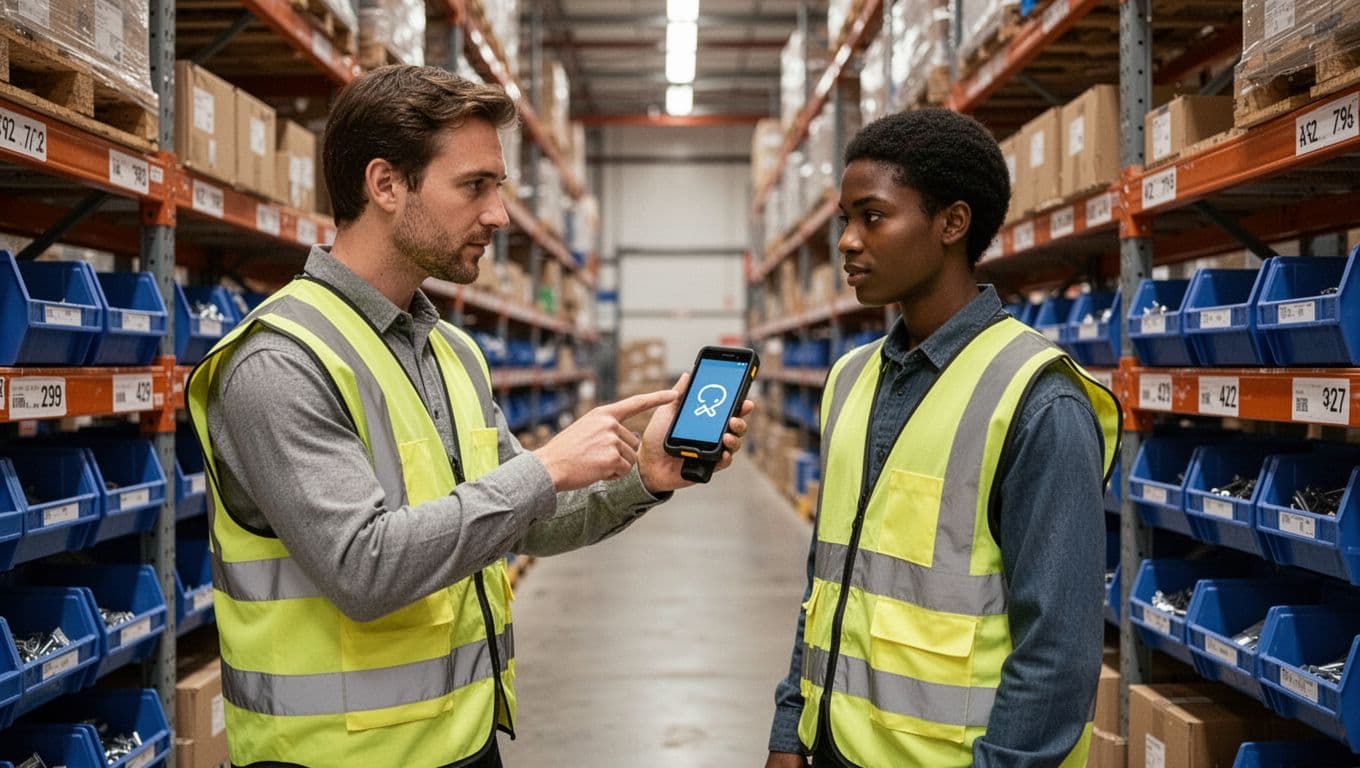 A single warehouse trainer in hi-vis vest demonstrates a handheld barcode scanner to one associate, both in hi-vis, in an organized warehouse aisle with labeled shelves and bins under soft industrial lighting.