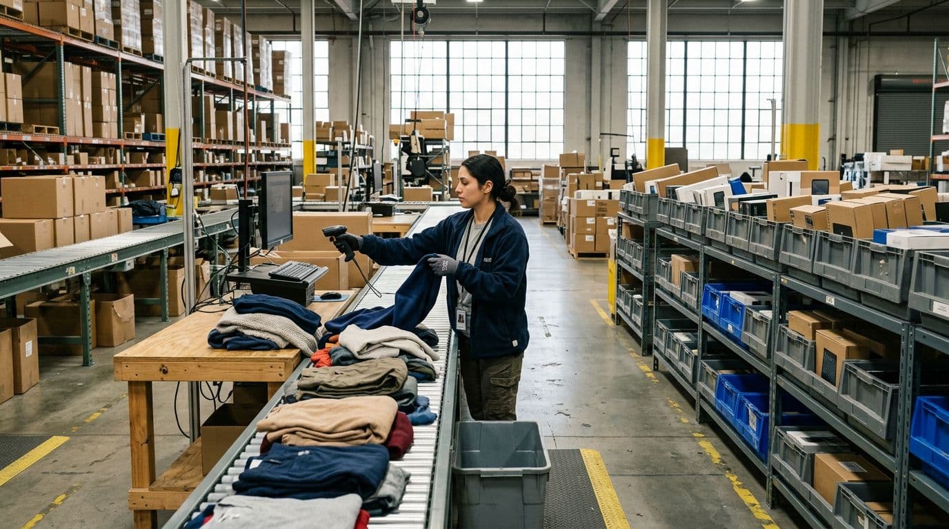 Photorealistic warehouse triage station with high-demand returned apparel on conveyor separate from electronics bins, natural daylight, one worker scanning clothing item, wide composition.