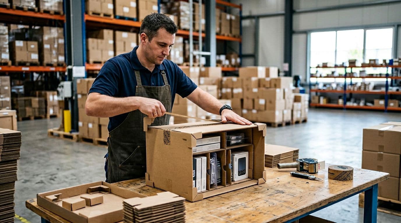 Photorealistic image of one warehouse worker adding protective inserts, corner guards, and branded tape to a sturdy box with organized products on a packing table in a modern industrial warehouse with soft natural light.
