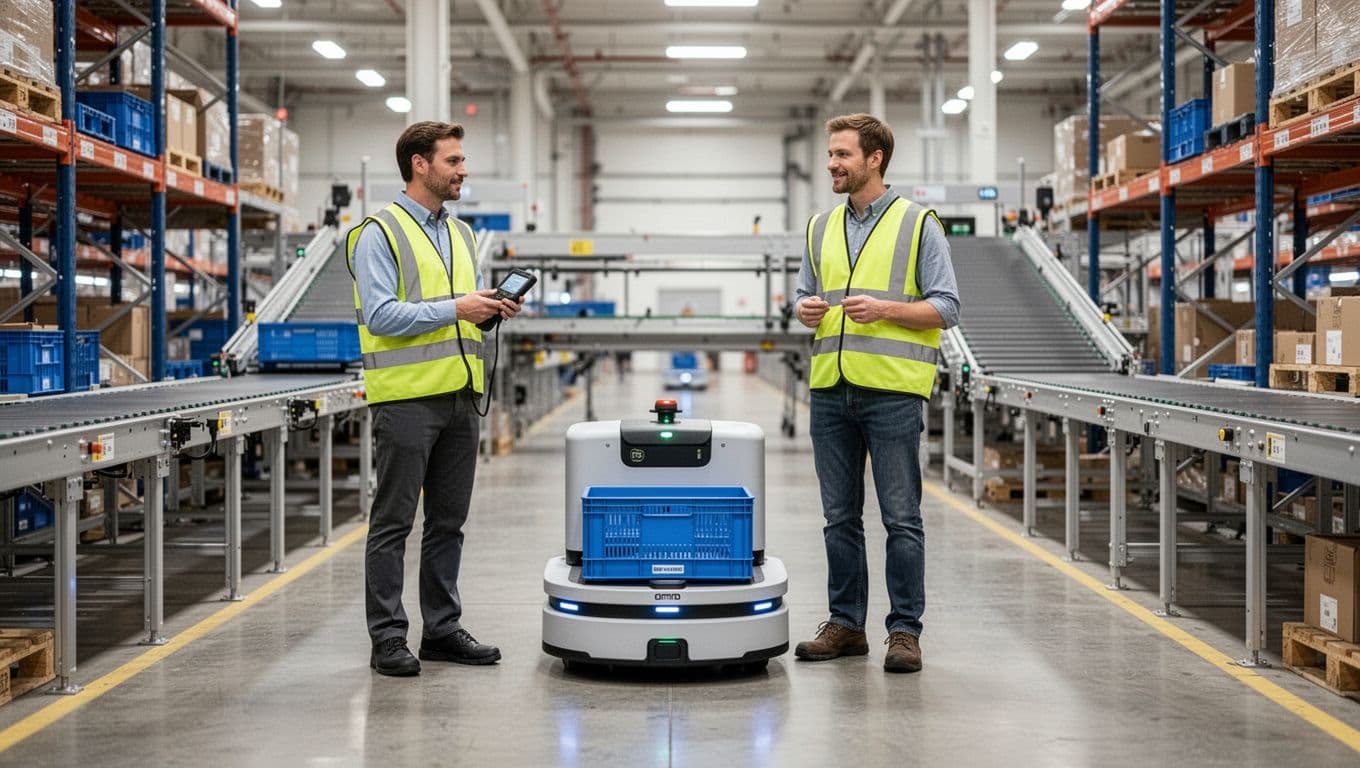 Photorealistic image of a modern brightly lit warehouse aisle with one worker in safety vest holding a handheld scanner next to an autonomous mobile robot transporting a blue tote, conveyor in soft background focus.