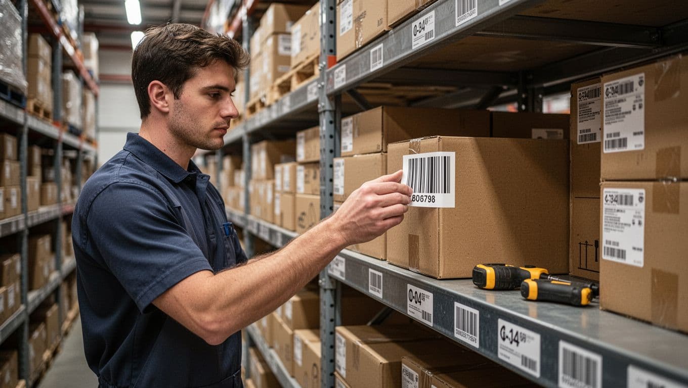 Photorealistic warehouse worker in an organized storage aisle carefully applying a durable barcode label to a cardboard box on a metal shelf, with one hand holding the label relaxed, tools nearby, and natural overhead lighting.