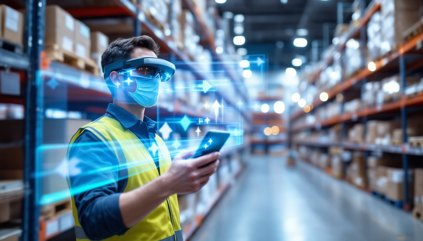 Photo-realistic scene: warehouse worker wearing AR smart glasses with digital highlights on shelves and step-by-step pick cues in a modern facility. Image created with AI.