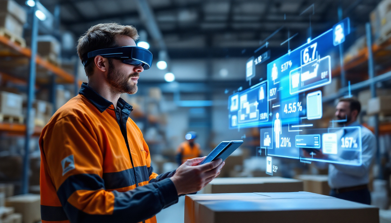 Photo realistic image of a warehouse worker wearing AR glasses that display live pick routes and stock levels while interacting with a voice picking system. The background is modern, clean, and illuminated, showing future-ready automation. Image created with AI.