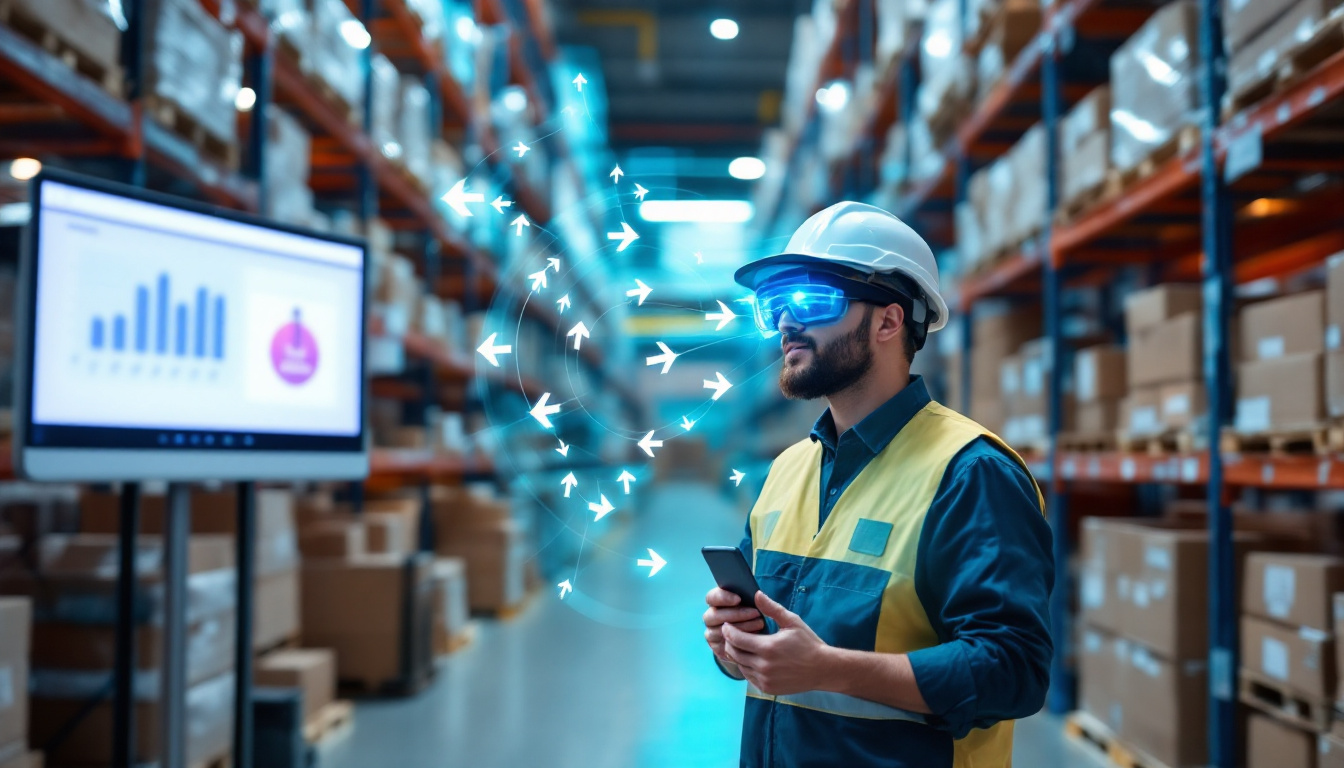 Photo-realistic warehouse worker using AR smart glasses, following vision picking overlays pointing to the correct shelf, with both hands free and WMS data on a screen. Bright and organized scene. Image created with AI.