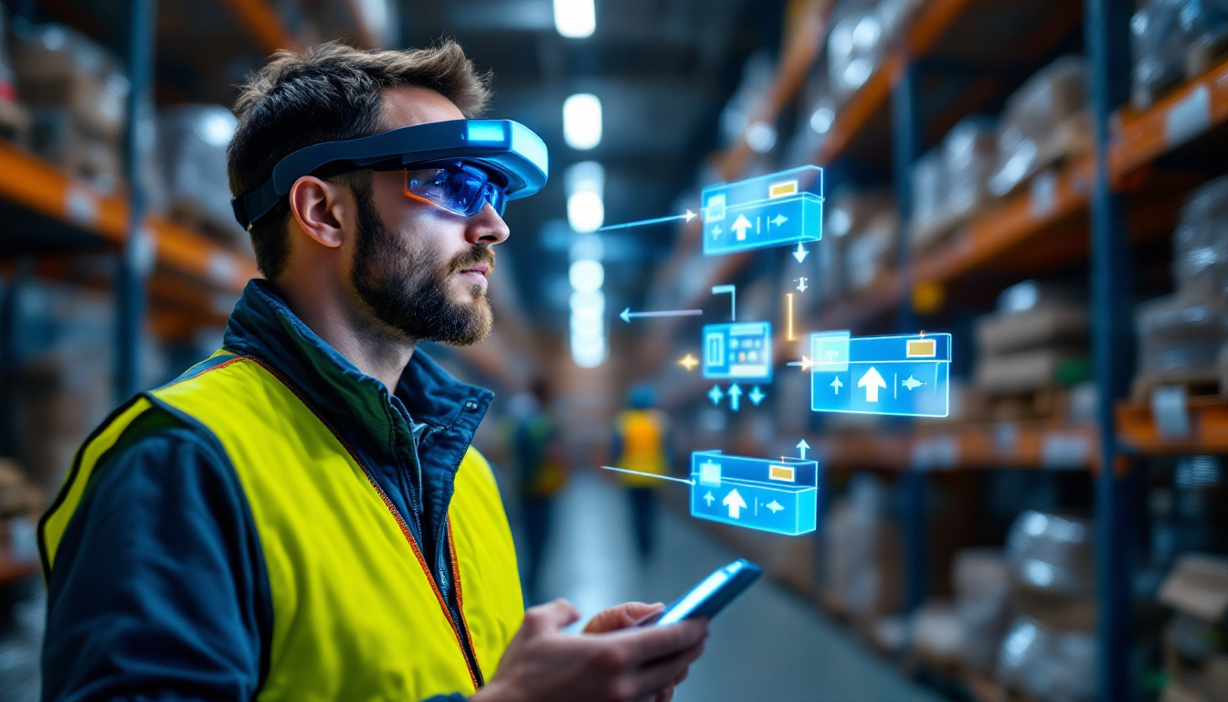 Warehouse worker using AR smart glasses, following digital overlays for hands-free vision picking, clear shelves, and marked pick locations. Image created with AI.
