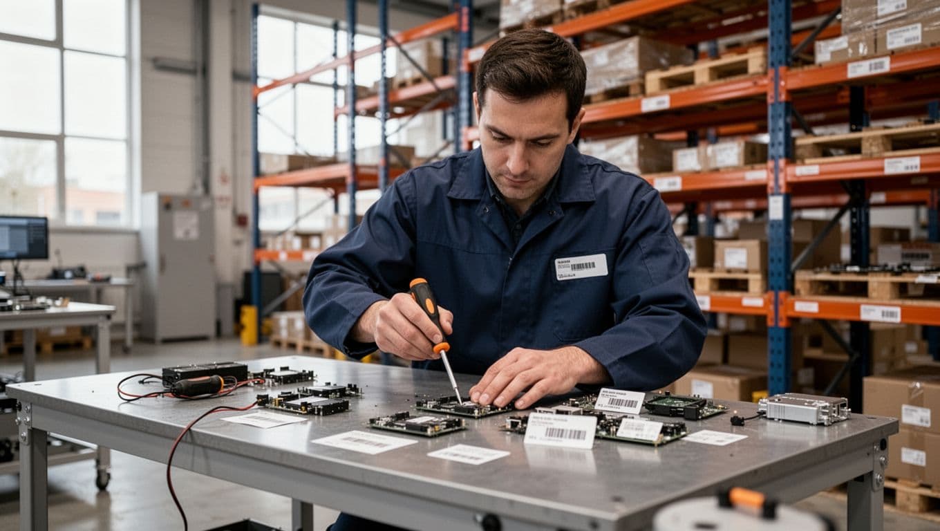 A focused warehouse worker at a workbench fastens small electronic components with a screwdriver and adds labels in a modern industrial warehouse setting with shelves behind, under soft natural light.
