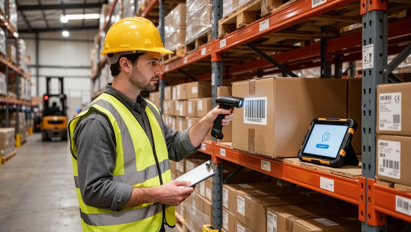 Warehouse worker in yellow high-visibility vest and hard hat scans barcode on brown box using handheld scanner in front of tall pallet racks filled with stacked cardboard boxes.