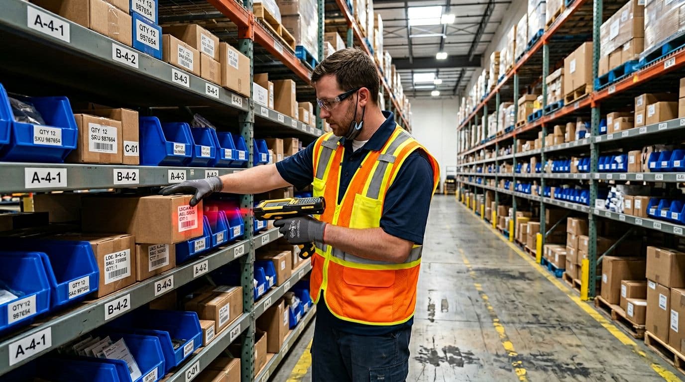 Photorealistic image of a single warehouse worker in a high-visibility safety vest using a handheld barcode scanner to pick a box from a metal shelf in a brightly lit modern warehouse aisle with labeled bins and concrete floor.