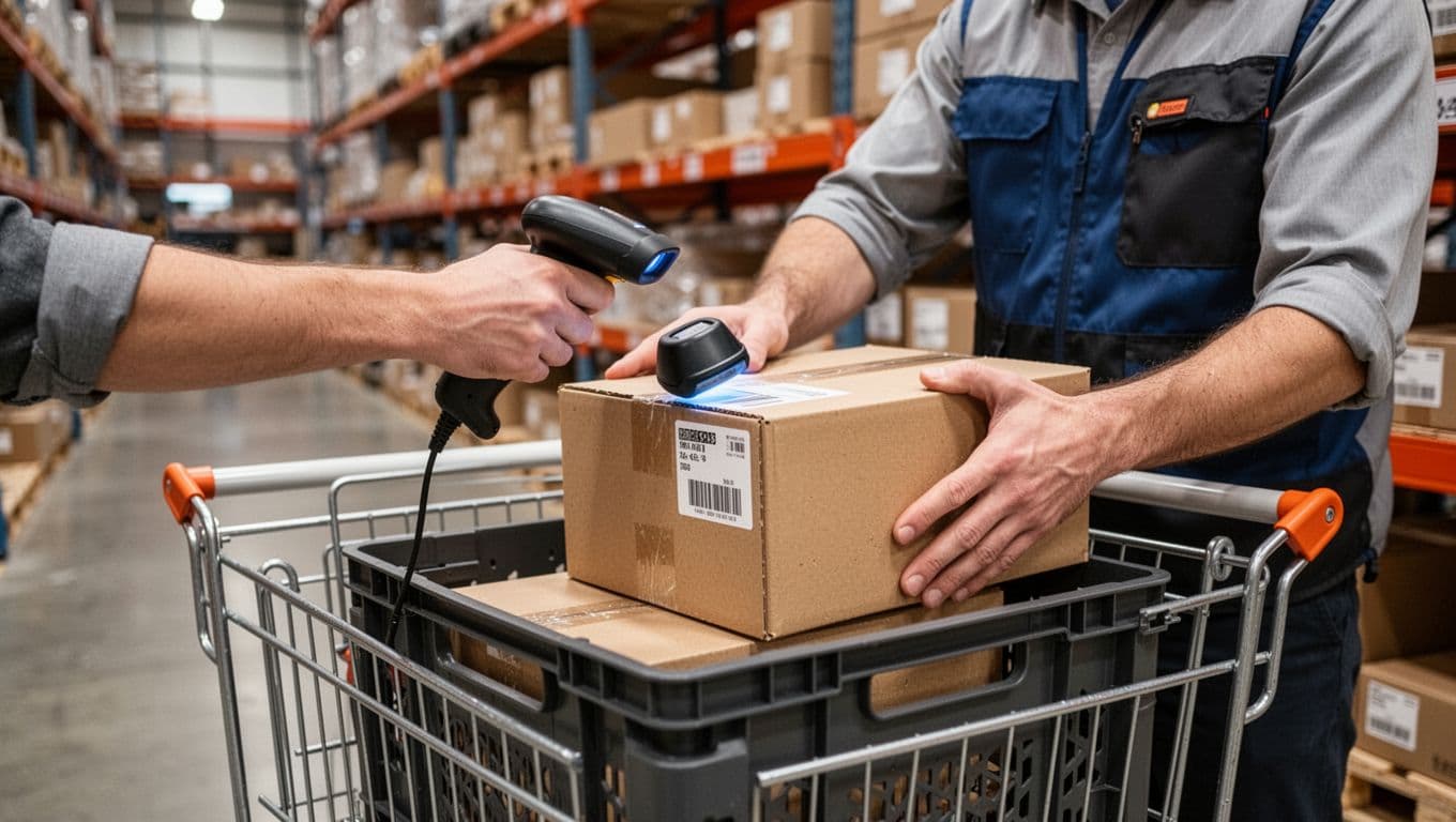 Warehouse worker using handheld barcode scanner to verify item label on box before placing into tote on cart, with modern shelves in natural daylight background.