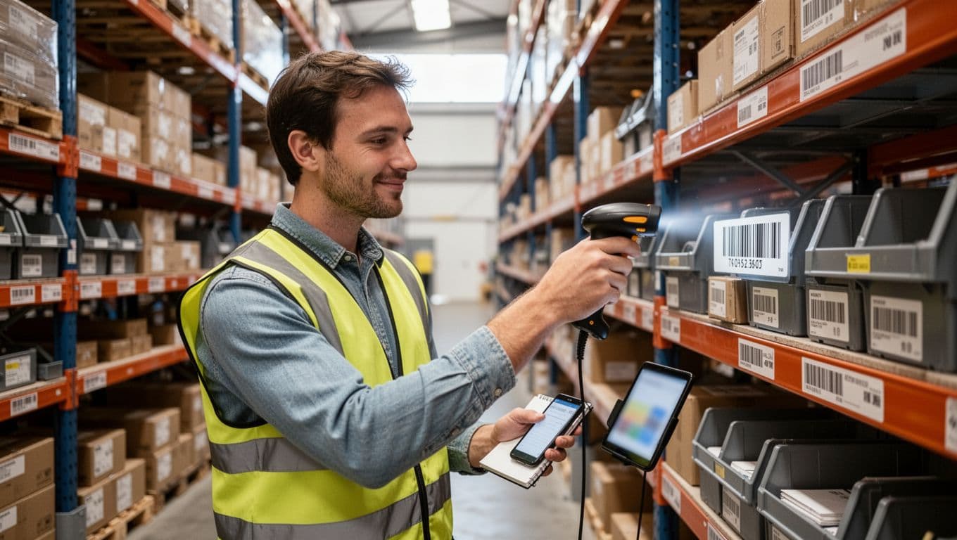 Photorealistic image of a single warehouse worker in a modern brightly lit warehouse aisle performing a guided cycle count by scanning a barcode label on a shelf bin with a handheld scanner.