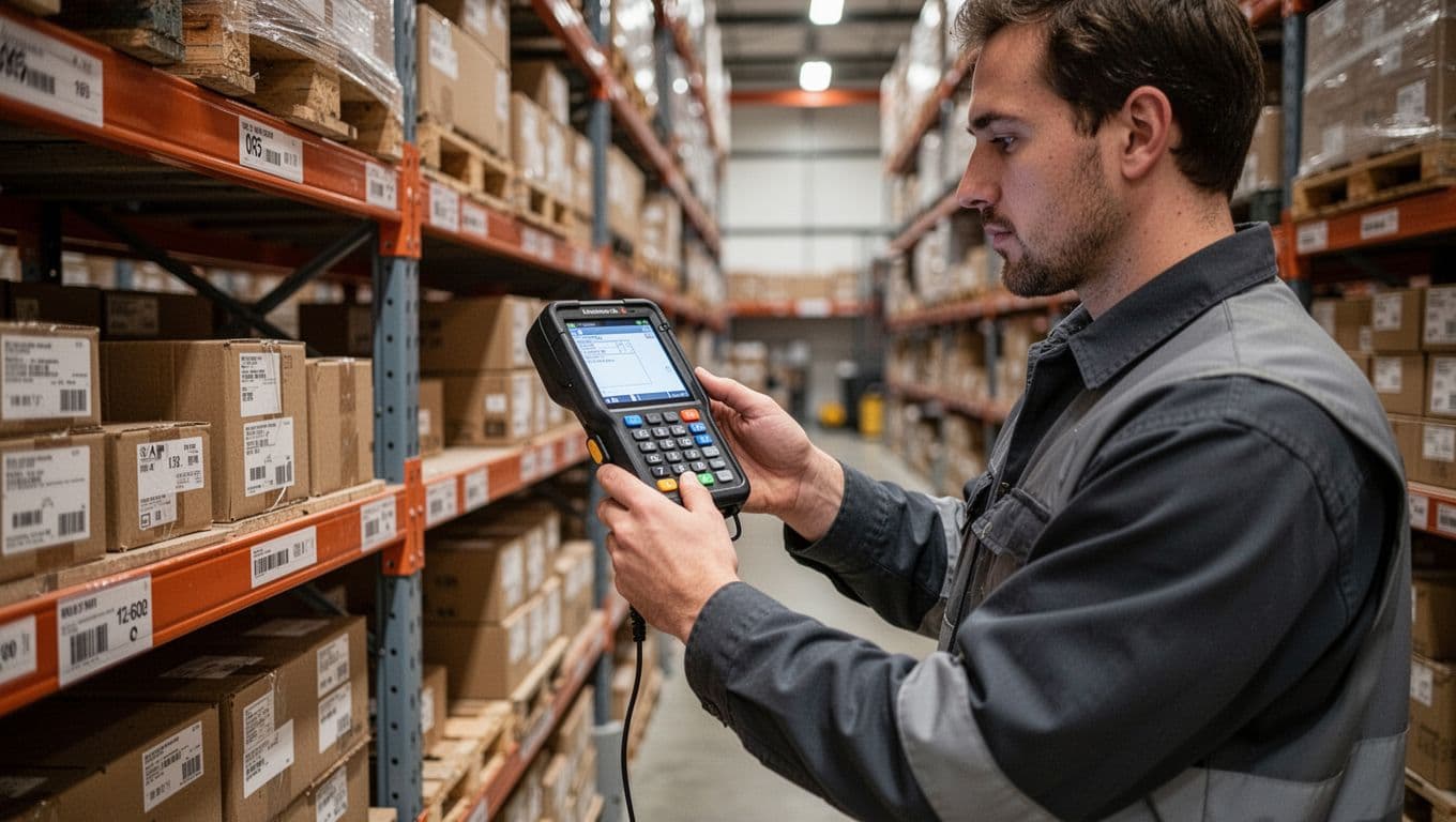 A warehouse worker performs a cycle count by scanning inventory on a shelf using a handheld device in a photorealistic warehouse with soft indoor lighting.