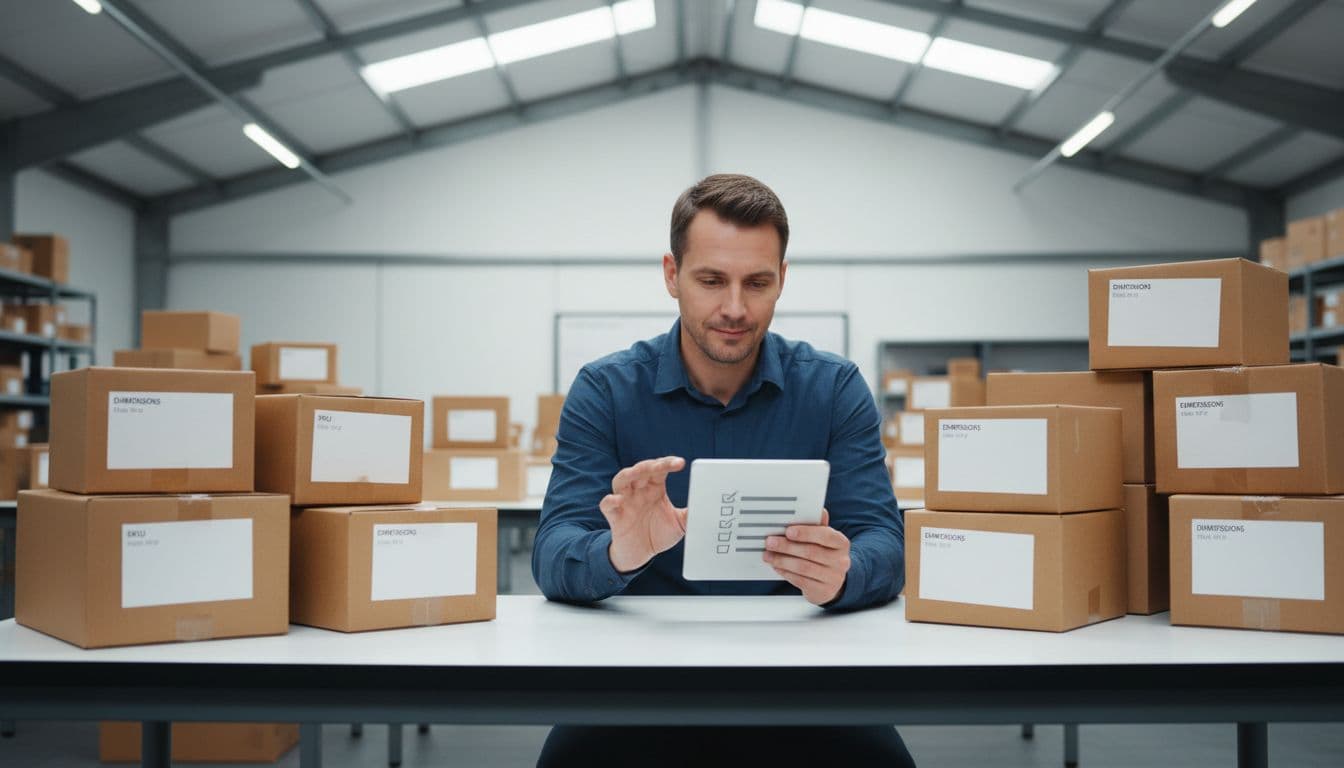 Warehouse worker in a brightly lit office examines a client data checklist on a tablet, surrounded by sample boxes with missing labels like SKUs and dimensions, highlighting common data gaps causing warehouse confusion.