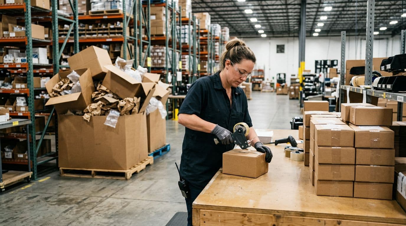 Photorealistic image of one warehouse worker packing products into snug, right-sized boxes on a table to reduce empty space and improve stackability, with neat stacks of smaller packages nearby and wasteful oversized boxes in the background under bright warehouse lighting.