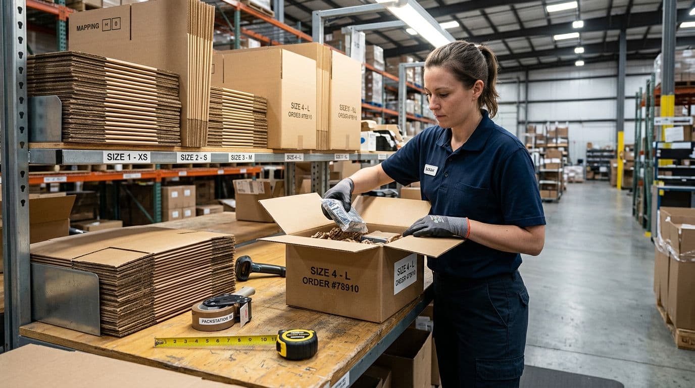Photorealistic warehouse scene featuring a single worker at a simple packing station placing products into a right-sized box with minimal void fill, pre-cut paper nearby, measuring tape, bright lighting, and shelves with box size mappings.