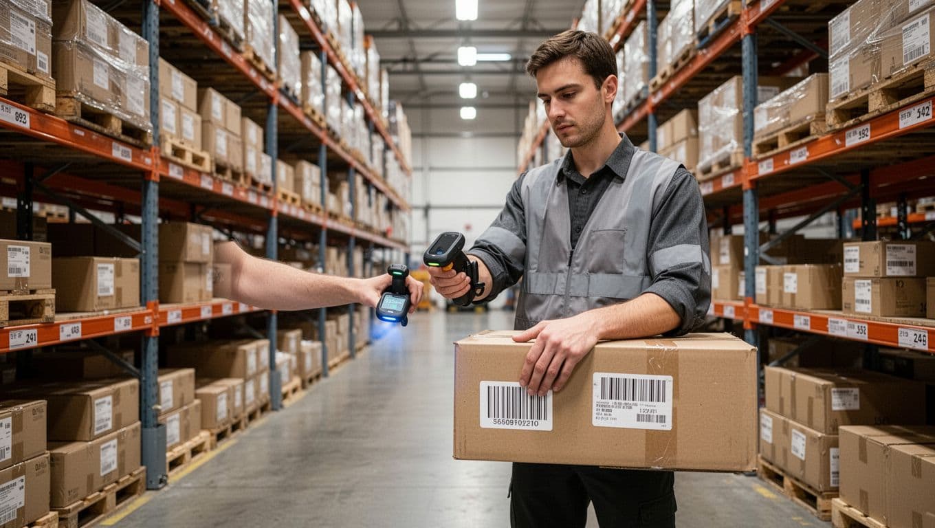 Exactly one warehouse worker scans a barcode on a box using a lightweight ergonomic wearable ring scanner on one hand, with relaxed grip and natural posture showing no wrist strain, standing in a warehouse aisle lined with shelves full of boxes under bright even overhead lighting.