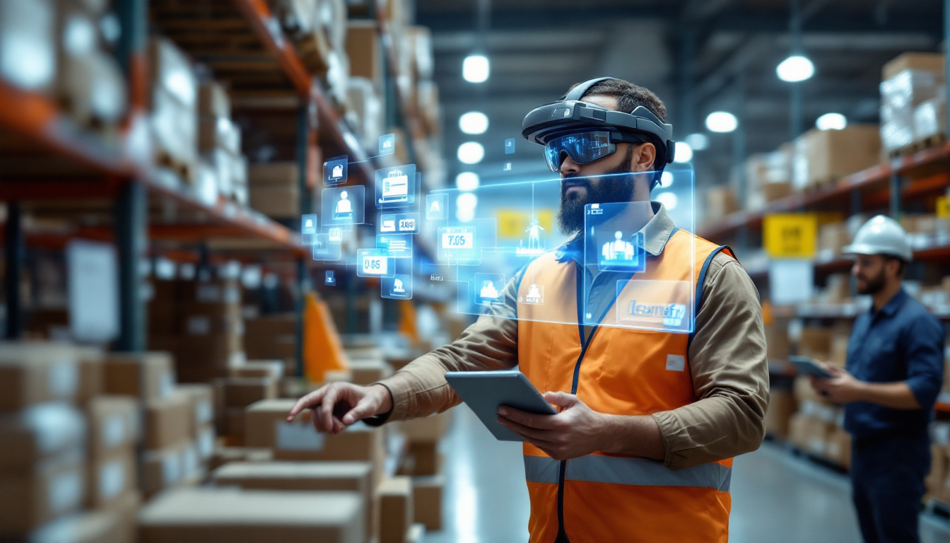 Photo realistic image of a busy retail warehouse scenario. A worker wearing a rugged headset is guided by Leanafy WMS, selecting items from a shelf with a digital holographic inventory overlay in the air. The background is filled with organized aisles and a supervisor checks a tablet. Image created with AI.