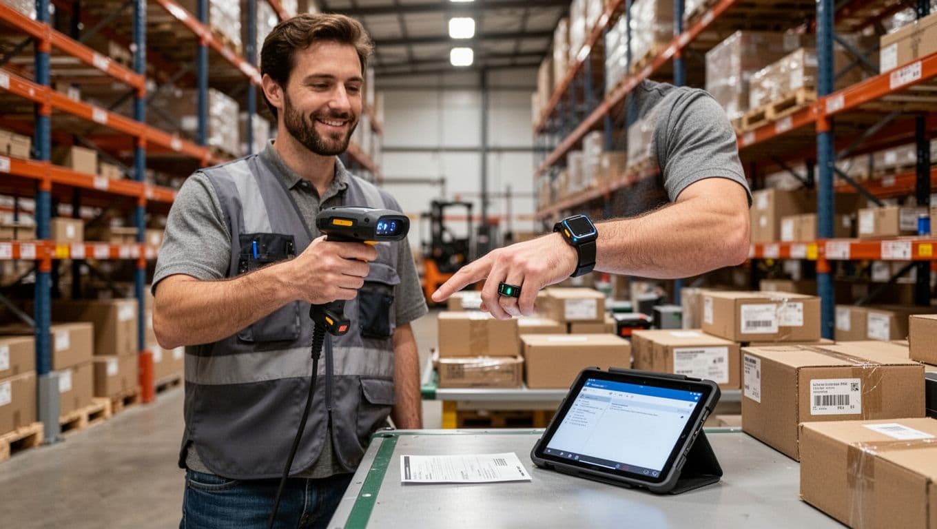 A single warehouse worker holds a rugged handheld scanner in one hand and points to a wearable ring scanner on the other, standing beside a tablet on a packing station workbench amid warehouse shelves.