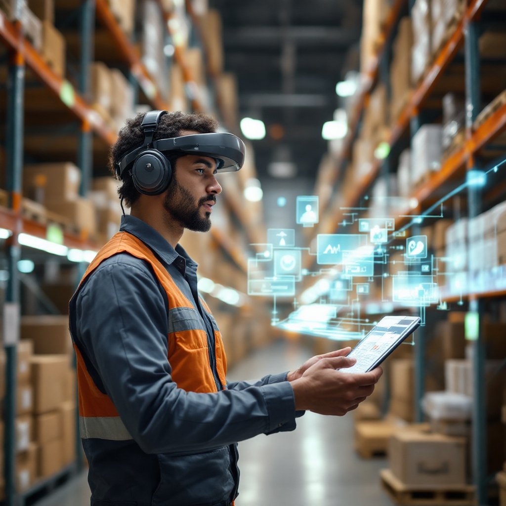 A warehouse worker using a rugged headset, guided by real-time inventory and pick route holograms, showing confidence and speed. Photo realistic, image created with AI.