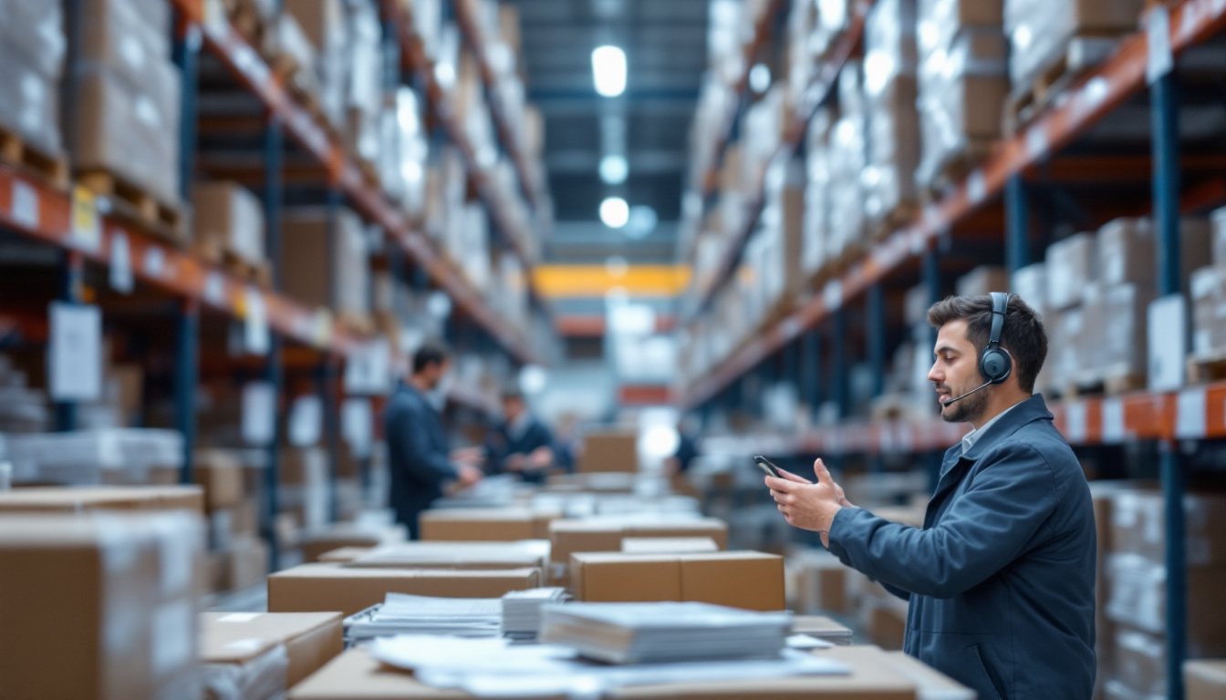 Photo realistic image of a warehouse worker speaking into a headset, guided by clear voice prompts like "Go to aisle 5, bin 12," and navigating a busy warehouse. Image created with AI.