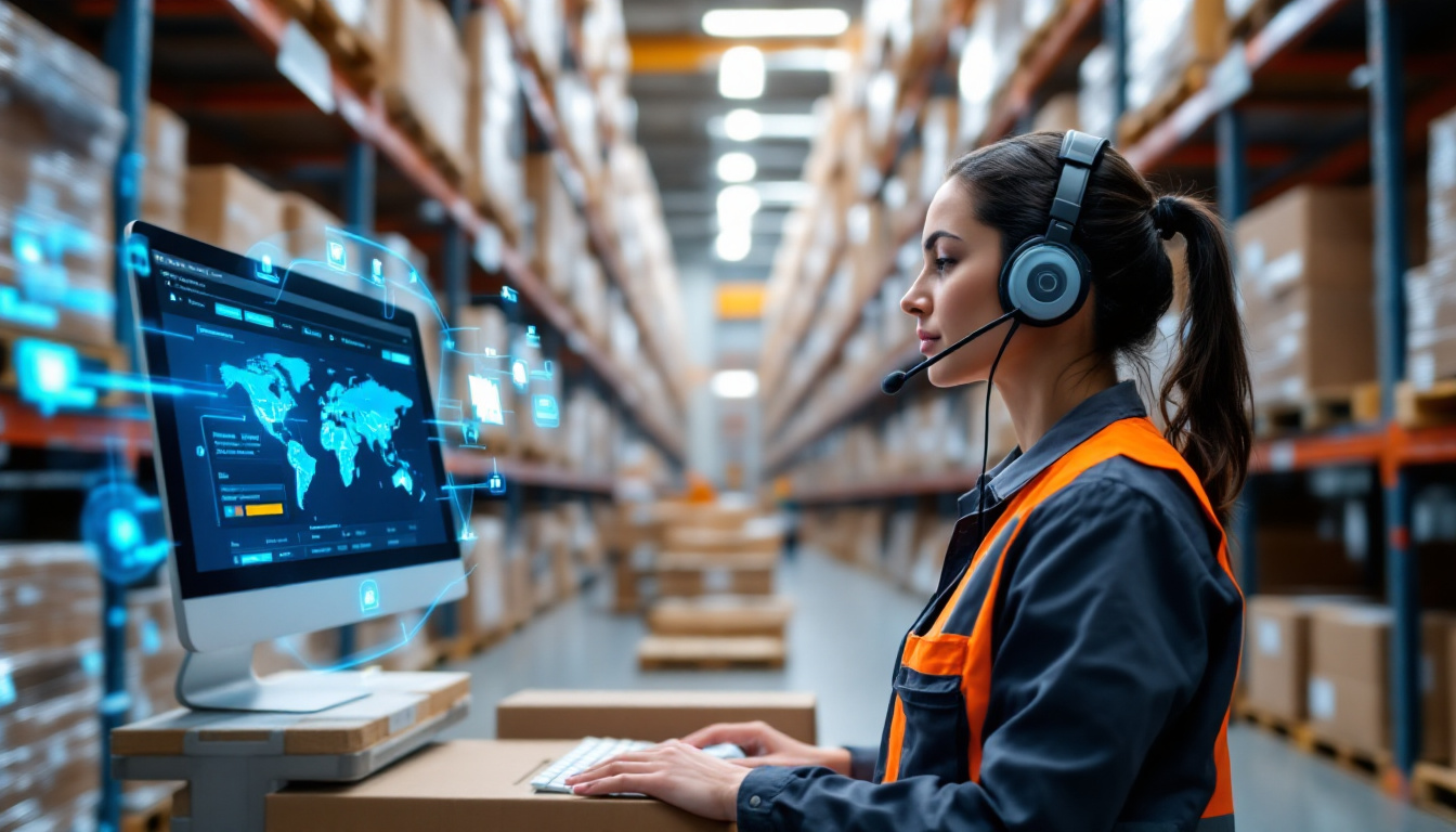 A bright, organized warehouse with a worker viewing a digital dashboard on a tablet. Overlays show live order metrics, pick accuracy, and optimized routing thanks to Leanafy WMS. Image created with AI.
