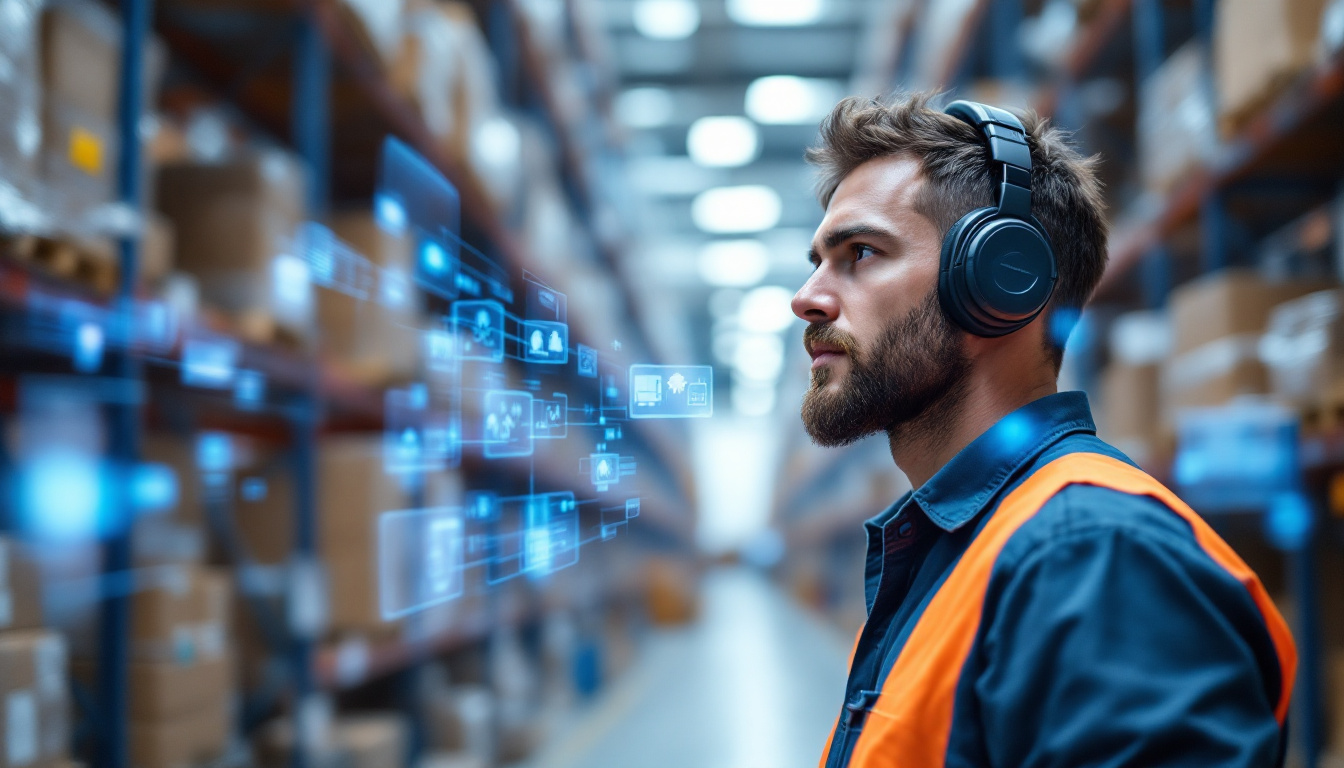Photo realistic image of a warehouse worker wearing a rugged headset, receiving voice picking instructions with a digital inventory display overlay, working hands-free and eyes-free in a bright, organized warehouse. Image created with AI.